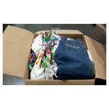 Box with misc clothing jackets, gloves,