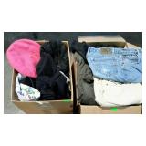 Two boxes clothing, mixed men and women pants,