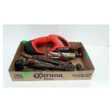 Tools, box flat of misc tools, older pipe wrench,