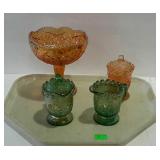 Carnival colored glassware, marigold compote and