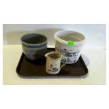 Two stoneware planters, and one pottery creamer