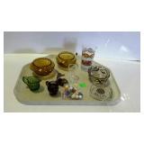 Misc - marbles, deer figurine, two colored glass