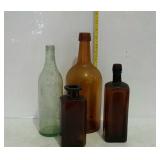 Group of 4 old bottles, 2 deep brown medicine and