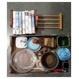 Group lot, wooden rack with kids VVS tapes, box