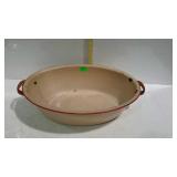 Beige with red trim enamel handled wash pan, 16"