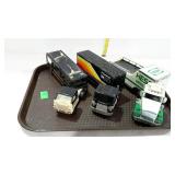 Three toy tractor trailer trucks, Hess car