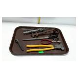 Tools, fence wire pliers, scissors, old cast