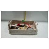 Decor basket of misc trinkets, razor, buck knife,