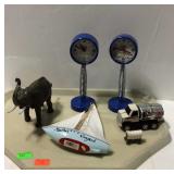 Misc decor items, toy truck, elephant figure,