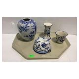 Blue and white pottery decor pieces, jello mold,
