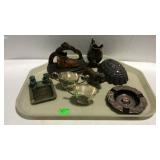 Decor items, silver plated creamer and sugar, ash