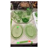 Green depression glassware lot, 2 platters,