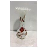 Floral vase milk glass with red floral paint