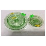 Two green depression ash trays, Hazel Atlas, with