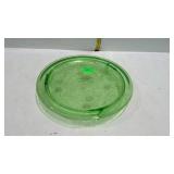Green depression glass footed cake serving plate,