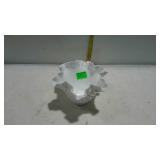 Fenton milk glass ruffled rose bowl, still with