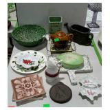 Group lot - painted china, match holder, tile