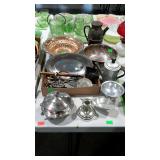 Metalware- tin coffee pot, aluminum tray, silver