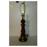 Brass and wood turned table lamp, stands 27",