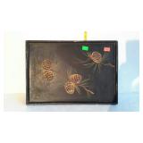 Wooden tray with painted pine cone design, 20 x