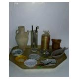 Tray with ashtrays, pottery vase, misc glassware