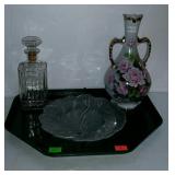 Rose double handled vase, decanter, and divided