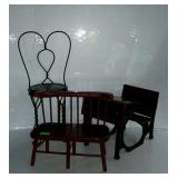 Doll accessories, chair, bench, and school desk