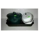 Three enamel pans/pots