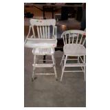 Two wooden high chairs, one is missing some parts