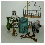 Home decor - metal & wicker wall shelf, vases,