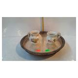 Silver plated lazy Susan and ceramic creamers set