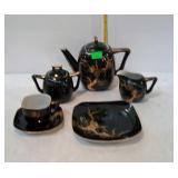 19-pc Asian tea set, black with gold design,