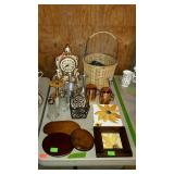 Group lot with candle holders, clock, basket,