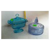 Glassware, 2 colored pieces blue pedestal compote