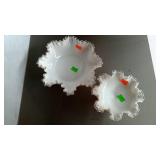 Two white ruffled edge bowls one marked Fenton