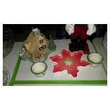 Christmas decor - Santa and log cabin figures,
