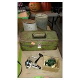 Fishing supplies - two bait cans; two fishing