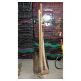 Long handle tool lot, scoop, hoes, axe, spade