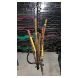 Long handle tool lot, pruners, grass whip,