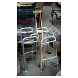 Group of handicapped walkers, and crutches