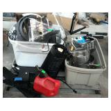 Skid lot, includes pots and pans, fuel can, chest