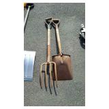 Tools, garden spade fork, and trench shovel, both