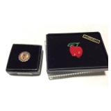 Poultry market pin and Austrian crystal apple pin