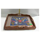 Serving tray with needlepoint eagle design under