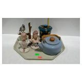 Misc - enamel teapot, decorative tin, bird figure,