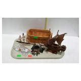 Misc - two ship figures, basket, two horse figures