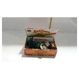 Trinkets, cigar box full - toy Pepsi truck, thread