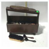 Shoe shine kit. Carrier with shoe rest, brush,
