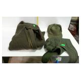 Military items, includes blanket, and three hat