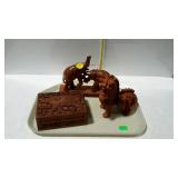 Misc - clay donkey staute, carved dresser box with
